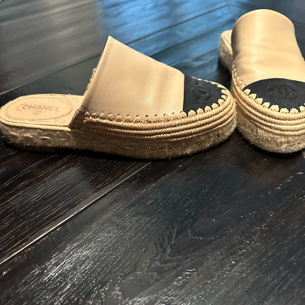 Chanel Cream and Black Espadrille Slip-Ons